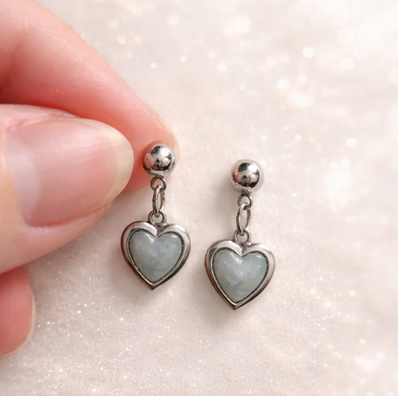 Jewelry - Sterling Silver Heart Earrings – Mother of Pearl Inlay Dangle (Unverified)